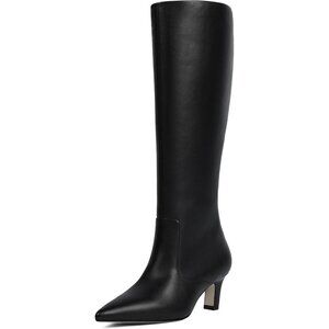 Women's Black Pu Pointed Toe Kitten Low Heel Faux Leather Fall Long Boots